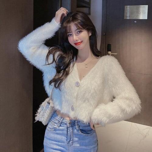 Woman Sweaters Cardigan Womens Knitted Cardigan Autumn and Winter V-neck Loose White Shirt Mink Sweater Coat