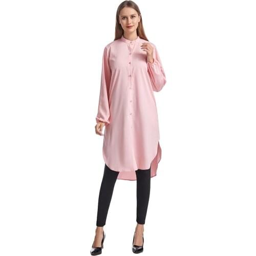 Women Summer Polyester Solid Color Turn-down Collar Causal Loose Long Sleeves Middle Length Dress Abaya Blouse Muslim Femal Wear