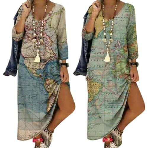 Women Dress World Earth Print V-neck Long Style Female Casual Long Dress for Wedding Blue S-3XL Women Clothing платье 2021
