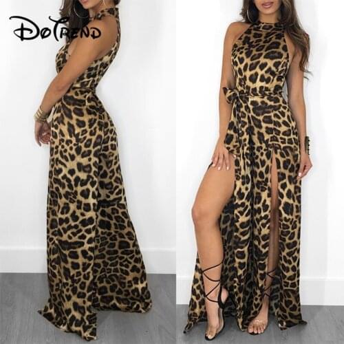 New Women Summer High Street Style A-line Casual Dress Leopard Skin Printed Sleeveless Bow Tight Waist Slit Long Party Dresses
