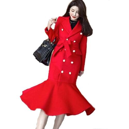 Womens autumn and winter woolen coat suit collar double-breasted long woolen coat red black dark blue large size