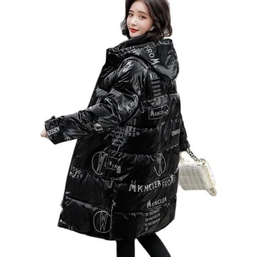 Women Winter Hooded Big Pocket Letters Glossy Waterproof Long Coat Puffer Jacket Cotton Padded Parkas Warm Outwear Overcoat