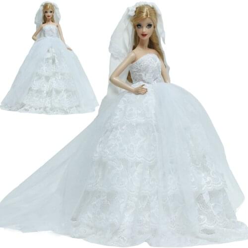 1 Set White Wedding Lace Dress + Veil + Flower Accessories Layered Ball Gown Dollhouse Princess Clothes for Barbie Doll Toys