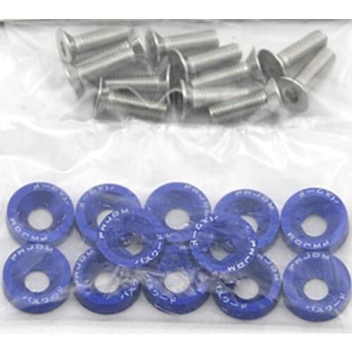 10pcs Blue Aluminum JDM Fender Washers and M6 Bolt Car Modified Hex Fasteners Fender Washer Bumper Engine Concave Screws