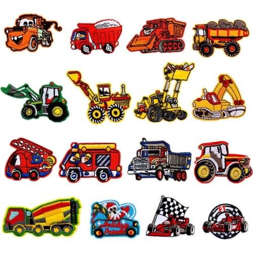 16 Pcs/set Cartoon Construction Vehicles Car Patches Excavator Truck DIY Patch Embroidery Applique Iron on Clothing Accessories