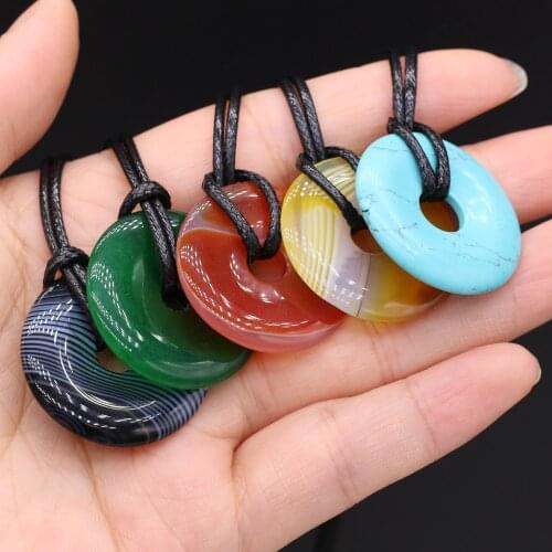 30mm Natural Stone Crystal Pendant Necklace Flat Round Lapis lazuli Opal Turquoises Amulets for Women Necklace Jewelry