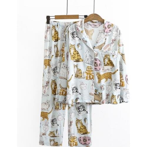 Pajamas Women Set 2020 Autumn New Cute Cat Animal Print Home Clothes Cotton Silk Loose and Comfortable Ladies Dormir Pajamas