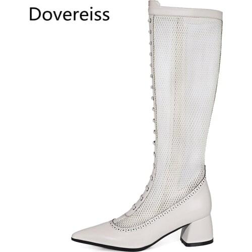 Dovereiss Fashion Womens Shoes summer New Elegant Pointed Toe White Zipper Cool Boots Chunky Heels Knee high Boots Concise33-40