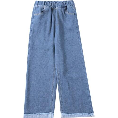 Kids Girls Fashion Solid Color Denim Pants Elastic Waist Wide Leg Pants Spring Autumn Jeans For Teenage Girls Children Trousers