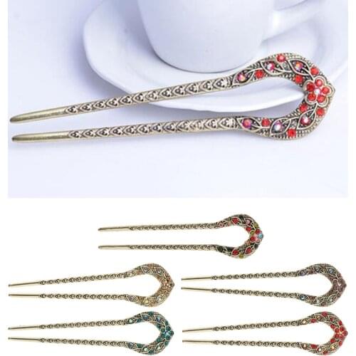 Chinese Rhinestones U Shape Hair Stick Chignon Bun Pin Clip Hair Accessories