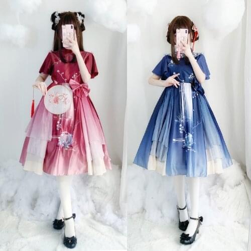 Original Genuine Han Elements Chinese Goggles Mid-Moon Summer Dress Lolita Improved Daily Cabbage lolita Dress kawaii clothing