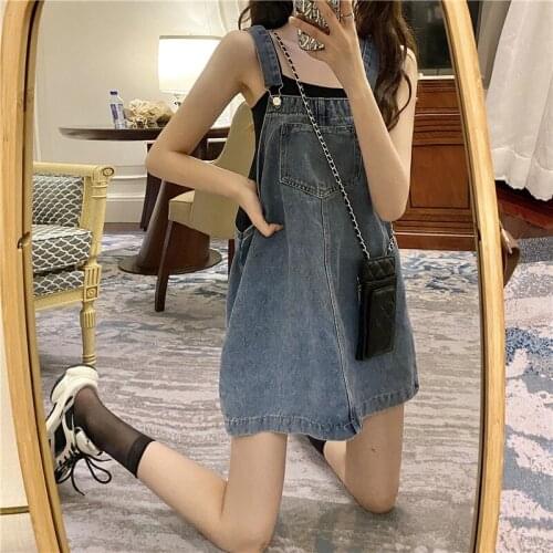 12 13 14 15 16 Year Old Pockets Mini Length Dress Women Denim New Fashion Suspender Blue Sleeveless A Line Denim Overalls Dress