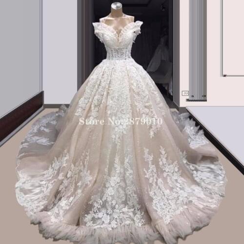 Luxury African Vintage Wedding Dress V-Neck Applique Sequins Ball Gown Floor-Length Mariage Wedding Dresses Bridal Gown Dubai