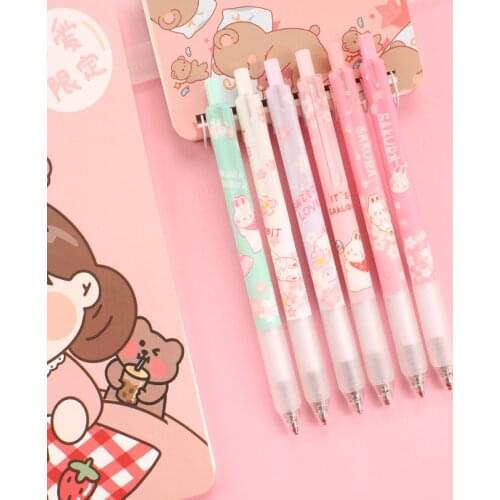 6PC/SET Cute Pink White Green Sakura Bunny Press Pen Cartoon Girl Heart Net Red Gel Pen Student Exam 0.5mm Black Signature Pen