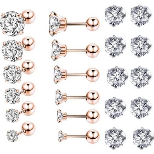 AOEDEJ 12 Pcs/lot Crystal Zirconia Earring Piercings For Woman Round Rose Gold Black Color Stud Earrings Ear Piercing Jewelry