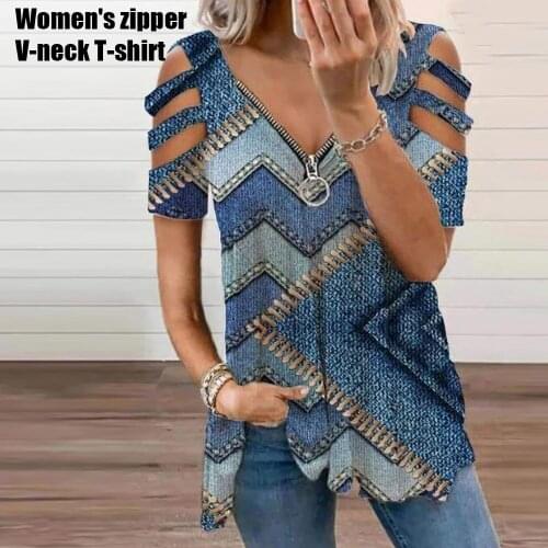 Colorblock Zip Front Cutout Sleeve T-shirt for Women V Neck Floral Printed Summer Top Loose Style LXH