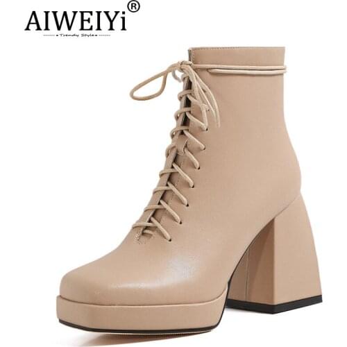 AIWEIYi Winter Boots For Women Genuine Leather Platform Ankle Boots Lace Up Motorcycle Boots Thick High Heels Martin Boots Lady