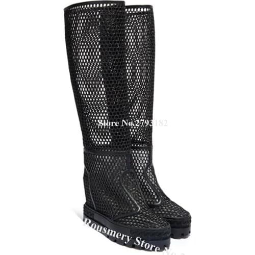 Women Western Style Round Toe Cut-out Knee High Wedge Boots Black Holes Height Increased Wedges Comfortable Shoes