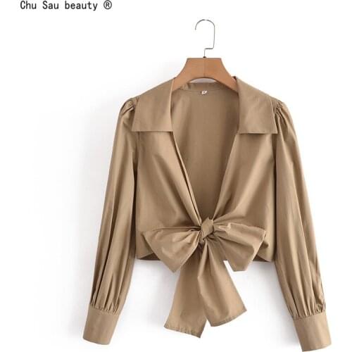 2021 Autumn New Vintage Chic Turn Down Collar Puff Sleeve Lace Up Fashion Wrap Shirt Female Solid Color Casual Women Crop Top