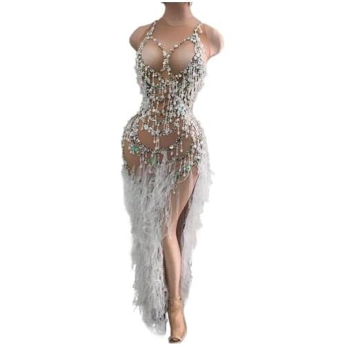 Women Singer Prom Birthday Celebration High Split Long Dress Pearl Tassel Mesh Dress Evening Party Crystal Perspective Dresses