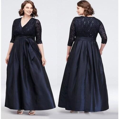 Plus Size Lace Mother of the Bride Dresses Long Sleeves V Neck Sequined Wedding Guest Dress Ankle Length Taffeta Evening Gowns