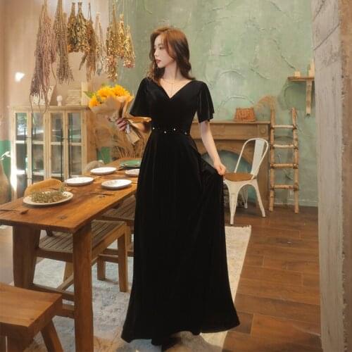 Black V-Neck Simple Evening Dress Pleat Short Sleeves A-Line Lace Up Empire Floor-Length Elegant Woman Formal Party Gowns A1383