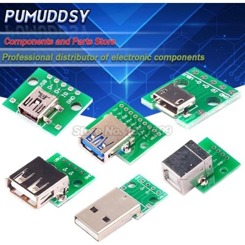 5PCS Micro Mini USB USB A Male USB 2.0 3.0 A Female USB B Connector Interface to 2.54mm DIP PCB Converter Adapter Breakout Board