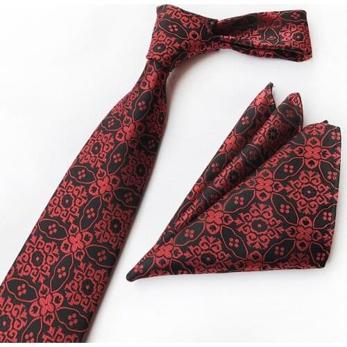 8cm Men Formal Necktie Set Red Floral Wedding Party Ties with Pocket Square