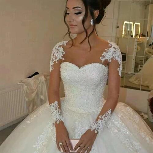Angelsbridep Scoop Neck Long Sleeves Wedding Dresses Bohemian Robe de mariee Fashion Lace Appliques Pearls Bride Dresses