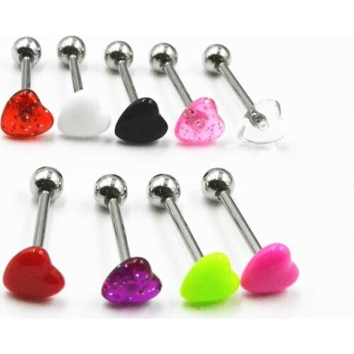 Free Shipping 100pcs Body Jewelry Glitter Heart Tongue/ Nipple Ring Barbells Straight Bar 14G~1.6mmX16MM Body Piercing Jewelry
