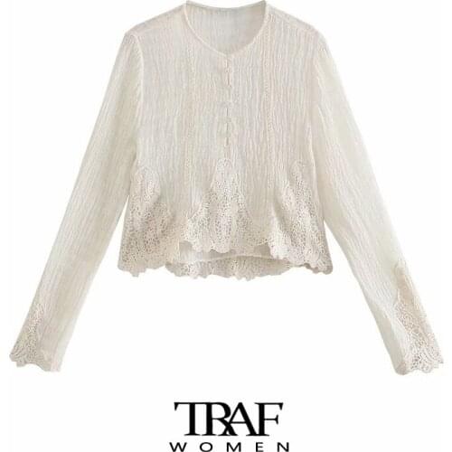 TRAF Za Women Fashion Lace Appliques Linen Cropped Blouses Vintage Long Sleeve Button-up Female Shirts Blusas Chic Tops