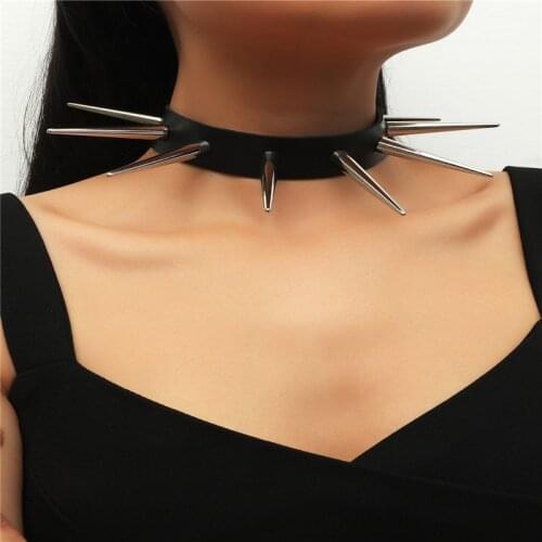 Punk Big Black Metal Spike Rivets Rock Gothic Chokers PU Leather Stud Collar Choker Necklace Statement Jewelry