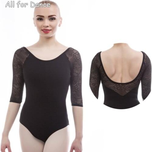 3/4 Sleeves Back U Shape Black Cotton Lace Sleeves Ballet Dance Leotard Bodysuit Gymnastic ShapeWear Adult Ballet Suit Wear