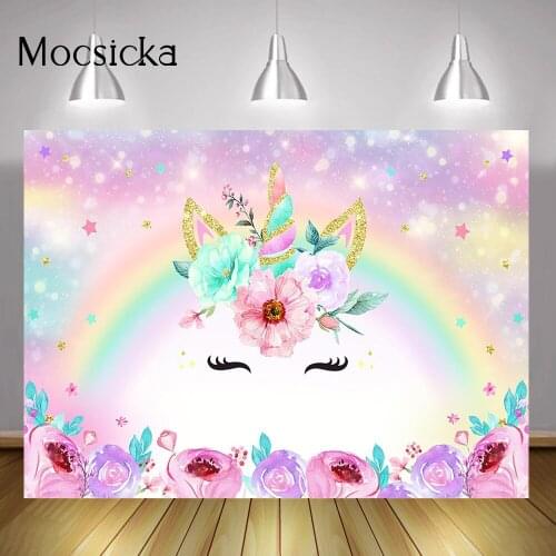 Floral Unicorn Happy Birthday Photo Background Rainbow Glitter Stars Birthday Party Banner Backdrop Unicorn Portrait Photography