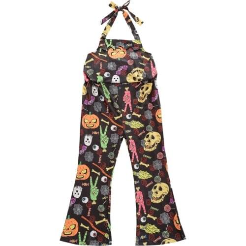Infant Baby Halloween Halter Overalls Tie-up Cartoon Pumpkin Print Jumpsuit Rompers Suspender Pants (Black, Orange)