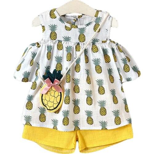 Summer Girls Clothing Sets+Bag Children Fashion Outfit Pineapple Off-The-Shoulder Top Shorts 2Pcs Kids T-Shirt Clothes Suit