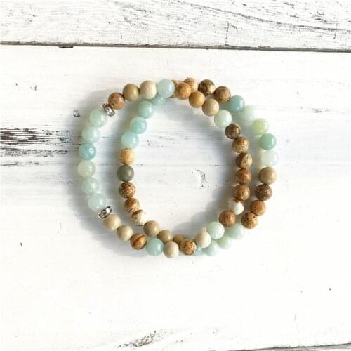 Natural Picture JasperS & Amazonite Bracelet Fashion Set Yoga Bracelets Mens Womens Best Gift 6MM Charm Wrist