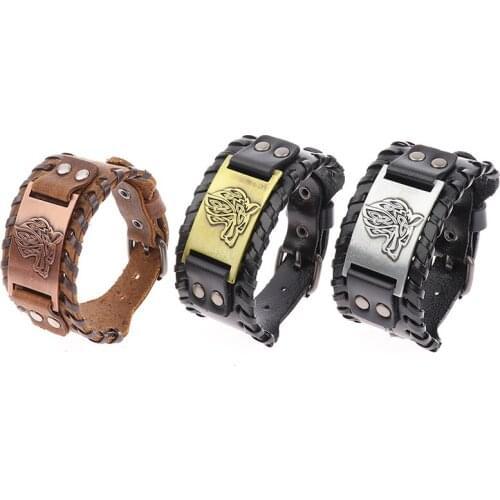 Punk Men Wide Bangle Nordic Viking Designer Charm Wolf Head Bracelet Leather Weave Adjustable Wristband Jewelry 1PC