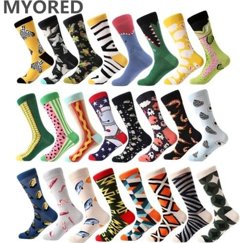 MYORED 1 pair men socks combed cotton cartoon animal bird shark zebra corn watermelon sea food geometric novelty funny socks