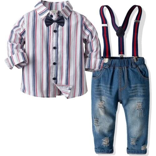New Boys Stripe Shirt and Strap Jeans Suit Kids England Suits 100% Cotton Clothes 2-6 Years Children Clothing Boys Gentleman Set