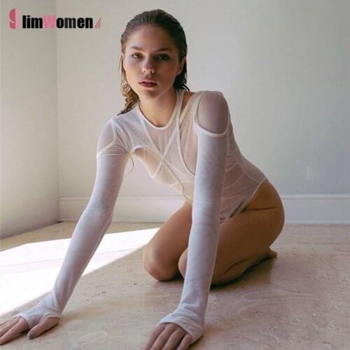 Y2k Solid Mesh Womens Bodysuit Sexy Long Sleeve O-Neck Sheath Irregular Body Shape Hollow Out Overalls Hipster Female Club Wear