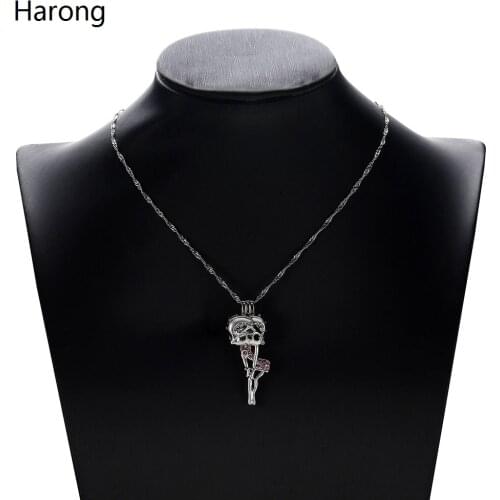 Silver Color Betty Boop Pearl Necklace Stainless Steel Cage Locket Cartoon Pendant Necklaces Fashion Animation Jewelry For Women