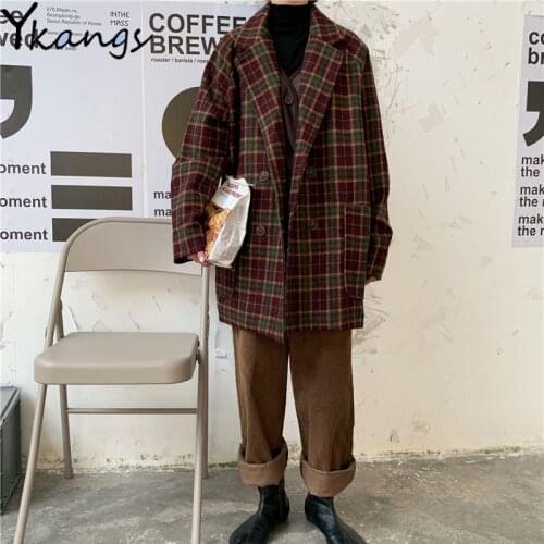 Winter Plaid Thick Korean Style WomenS Coat Loose Retro Woolen Suit Jacket Female Vintage Trendy Long Chaqueta Mujer Clothing