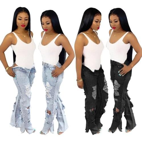 Casual Women Jeans Pants Ripped Hole Long High Waist Denim Streetwear Clubwear Long Pants For Women