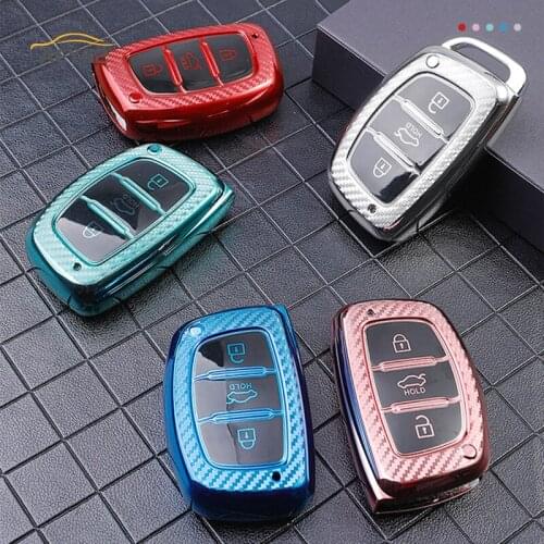 Carbon Fiber TPU Car Remote Key Cover Case Fob For Hyundai IX25 IX35 Avante Mistra ELANTRA Santa Fe Tucson Creta Verna Keychain
