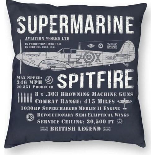 Vintage Supermarine Spitfire Cushion Cover Print Fighter Pilot Airplane Throw Pillow Case for Sofa Cool Pillowcase Home Decor