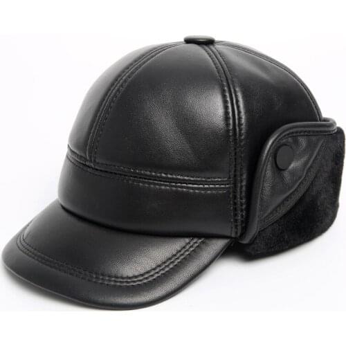 High Quality Soft Sheepskin Men Baseball Hat Warm Autumn Male Visor Cap Winter Sernior Men Dad Genuine Leather Earflap Casquette