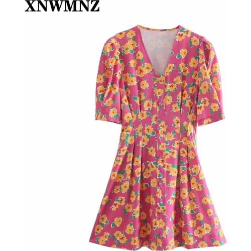XNWMNZ Za Women 2021 Chic Fashion With Buttons Floral Print Mini Dress Vintage Puff Sleeve Side Zipper Female Dresses Mujer robe