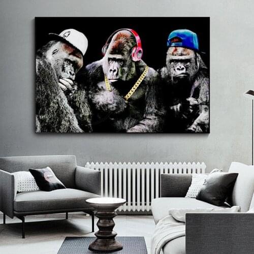 Funny Fashion Monkey With Gold Necklace Canvas Wall Art Painting On Canvas Prints Gorilla Animal Mural Decorative Picture Cuadro