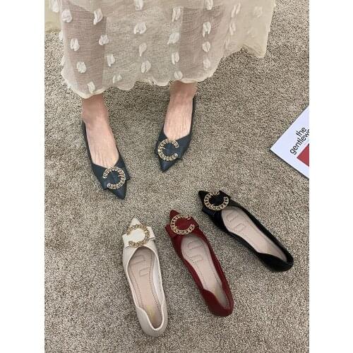 Womens shoes spring 2021 new shallow mouth pointed toe soft bottom fashion metal buckle flashing diamond low heels